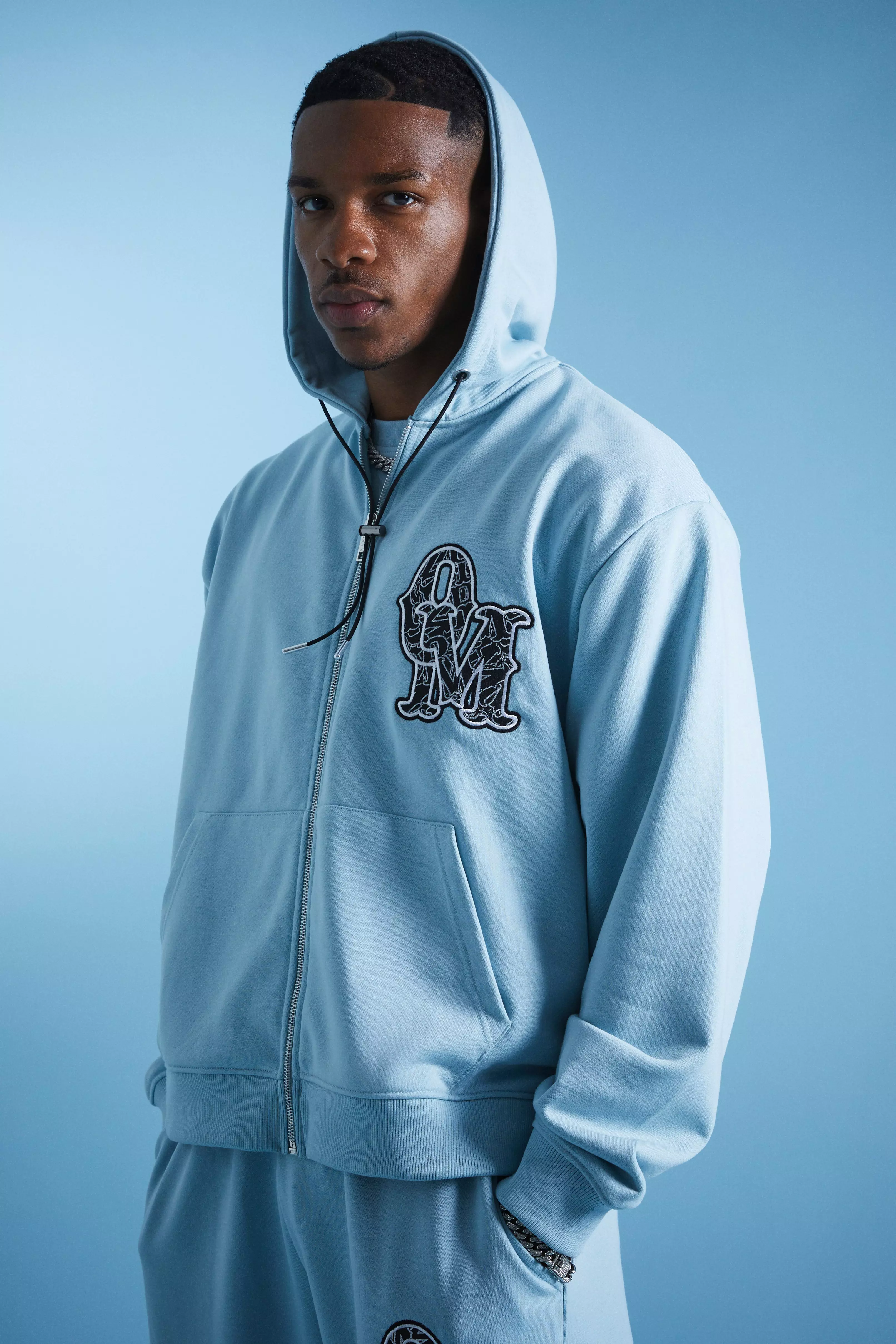 Lil Tjay Oversized Loopback Boxy Zip Applique Hoodie